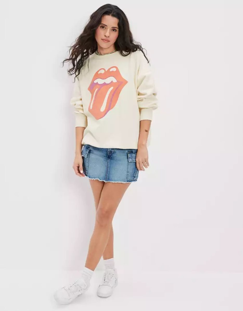 T Shirt Graphique American Eagle AE Oversized Rolling Stones Blanche Femme | TJZ-79202336